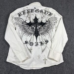Vintage Y2K Roar Men Button Down Shirt Cross Griffin Angel Wings Grunge Large